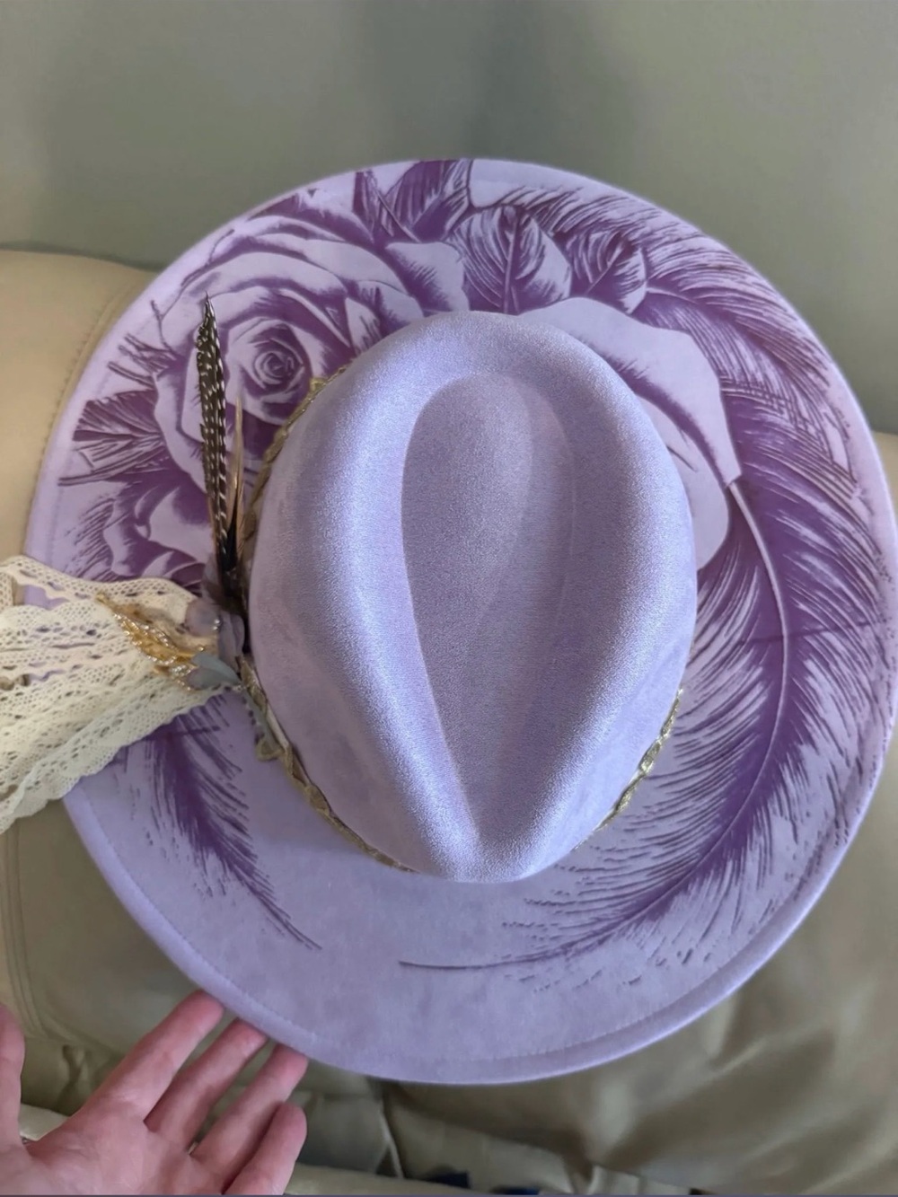 Lavender Wide-Brim Felt Hat with Feather and Lace Accents